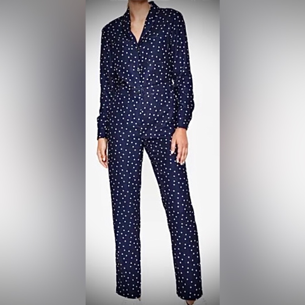 Boden Tillie Jumpsuit Lightweight Long Sleeves White polka dots on Blue size 2P